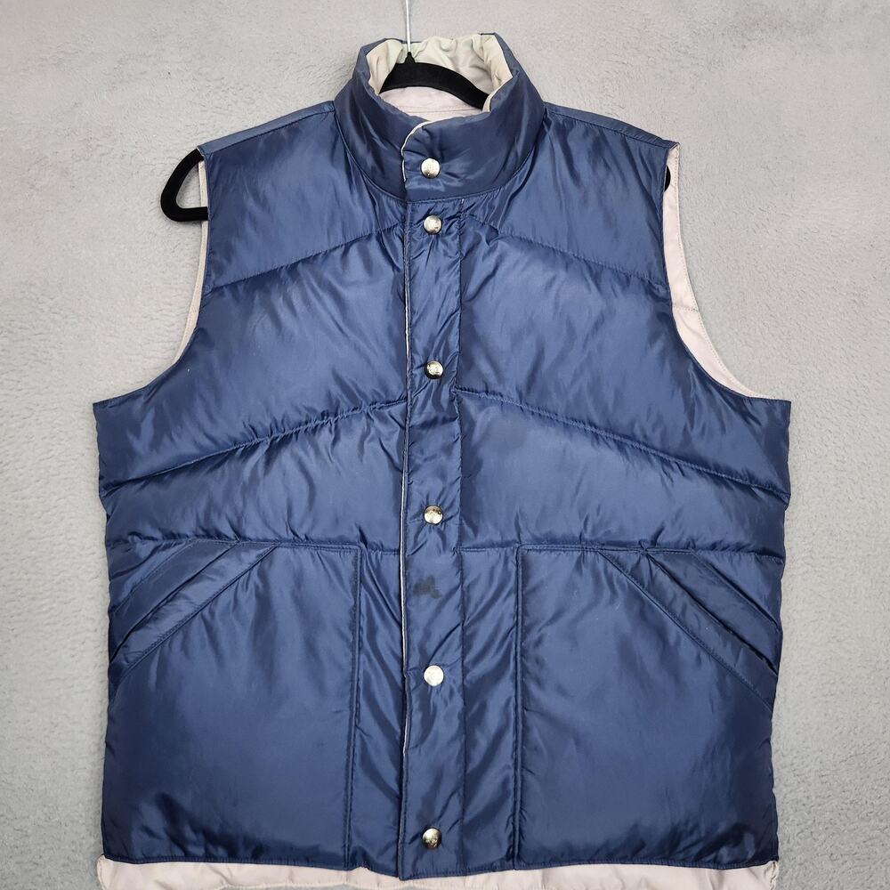 Vintage Camel Puffer Vest Mens Medium Blue Goose Down Reversible Snap Front 80s